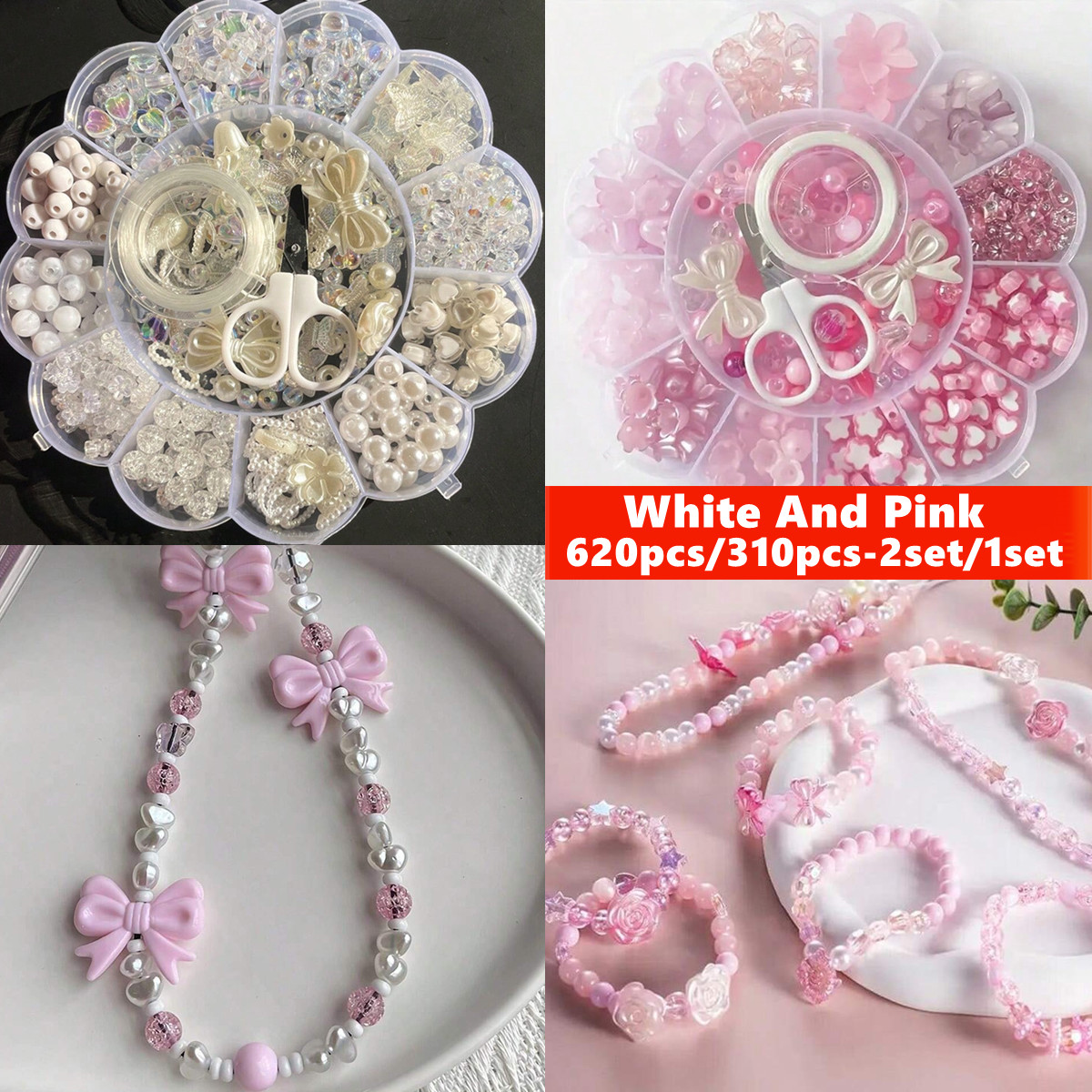 Jewelry Making Organizer Box - 2セット/1セット 13グリッドアクリルフラワーボックスビーズ ピンクと白のフラワーシリーズルースビーズ、DIYハンドストリングシリーズ作成用