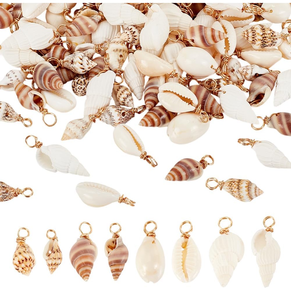 Jewelry Making Set - 100 個 4 スタイルナチュラルシェルチャームペンダント貝殻リンクネックレスブレスレットジュエリーメイキング巻貝コネクタキット