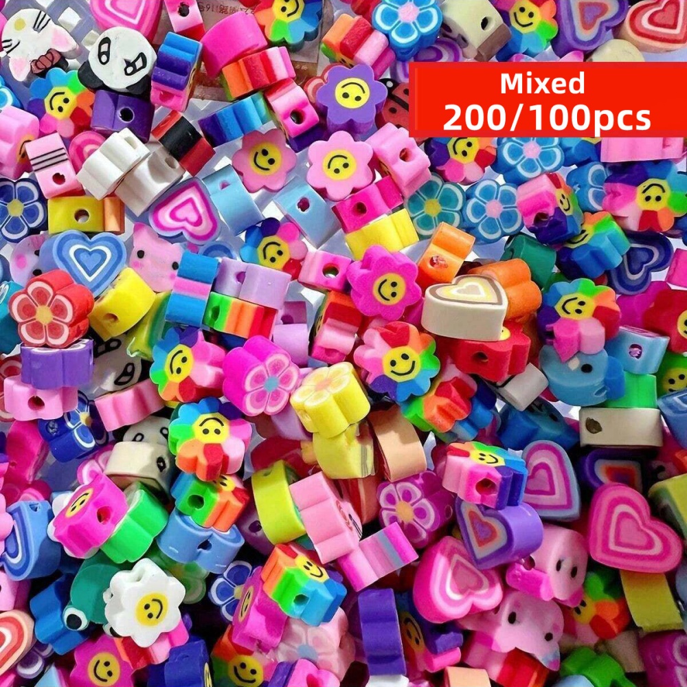 Jewelry Making In Clay - 200/100個入り 9-11mm ランダムスタイルの鮮やかな丸型クレイビーズ - アニマル、ハート、フラワーパターンの詰め合わせでDIYジュエリー製作に最適 ﻿