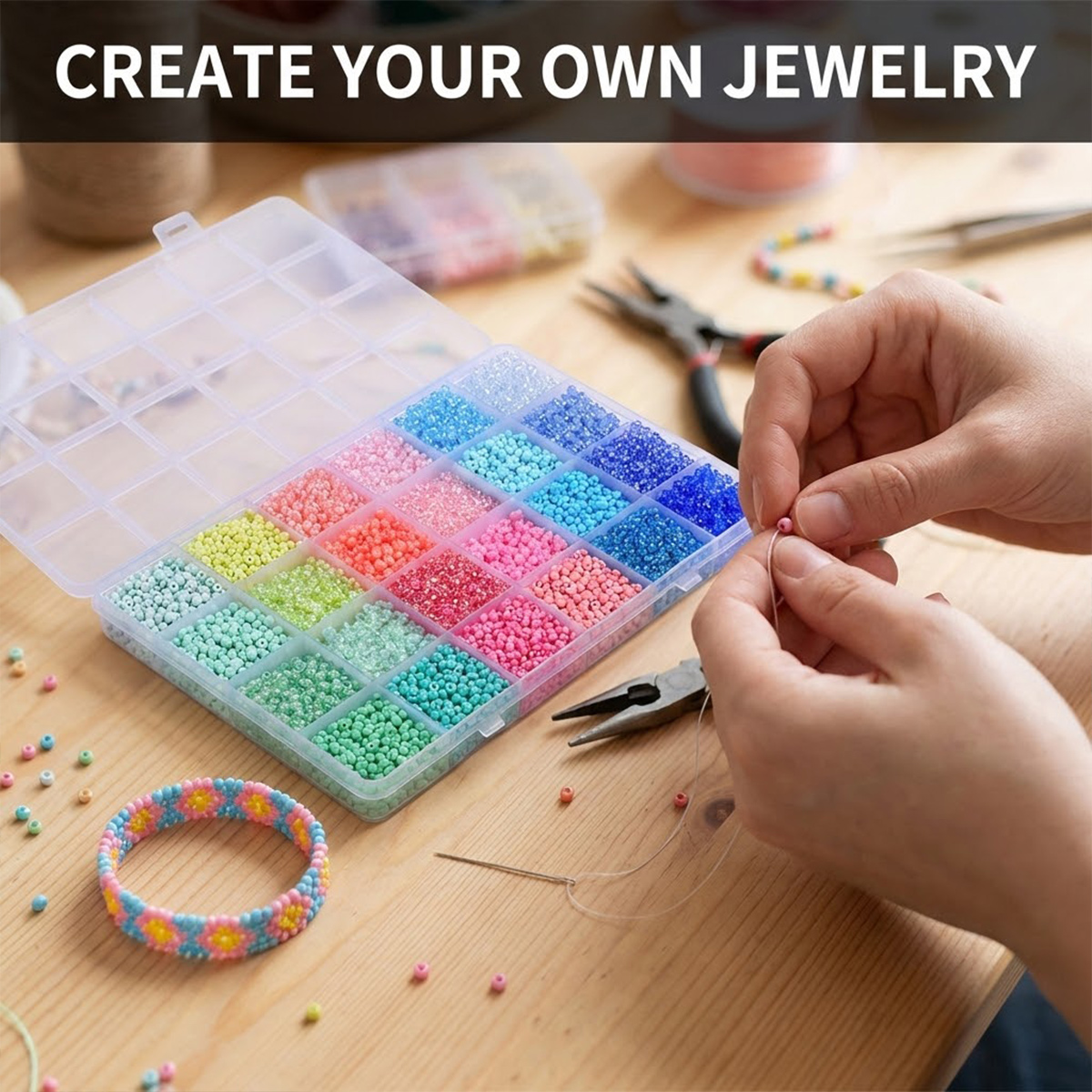 5200個 3mm ガラスシードビーズキット 24グリッド収 - Jewelry Making Organizer Box のレビューと価格